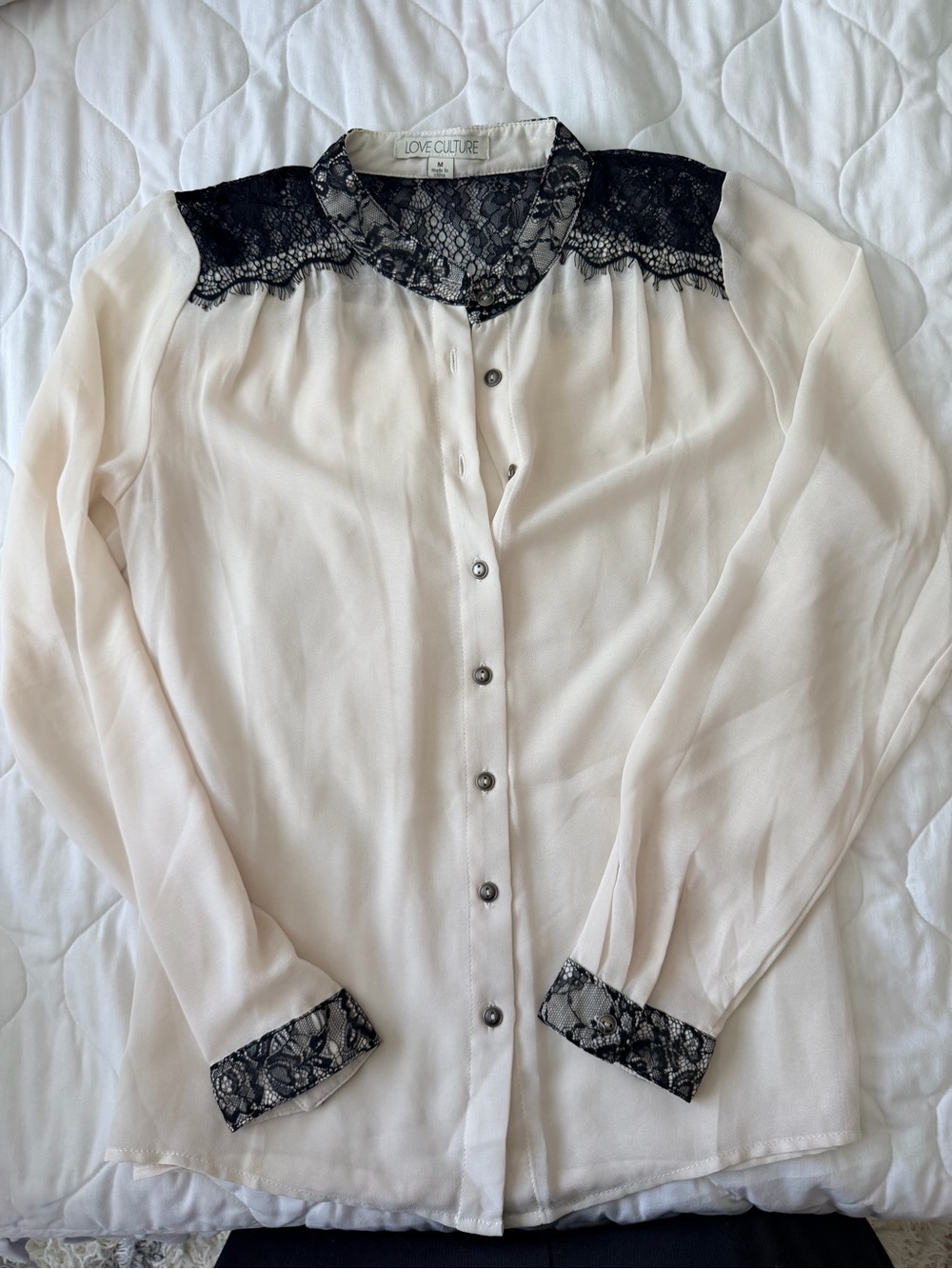Love Culture Cream Button-Down Blouse with Black Lace